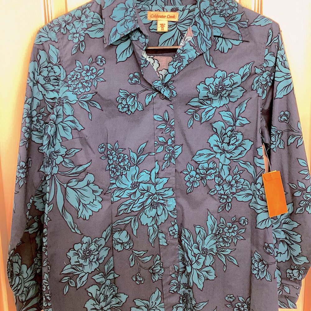 Blue Green Floral Shirt, NWT Coldwater Creek Long Sleeve Button Up Blouse